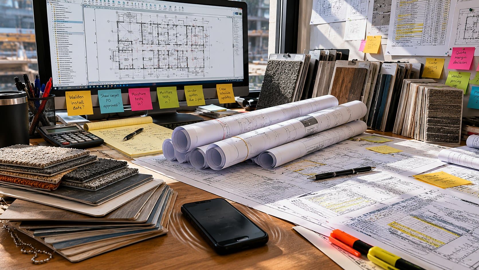 Estimator's desk mid-day — rolled commercial plans, takeoff sheets, fan-decks of carpet tile and LVT samples leaning against the wall, phone face-down ringing, sticky notes along the monitor edge. Window light flat and overworked.