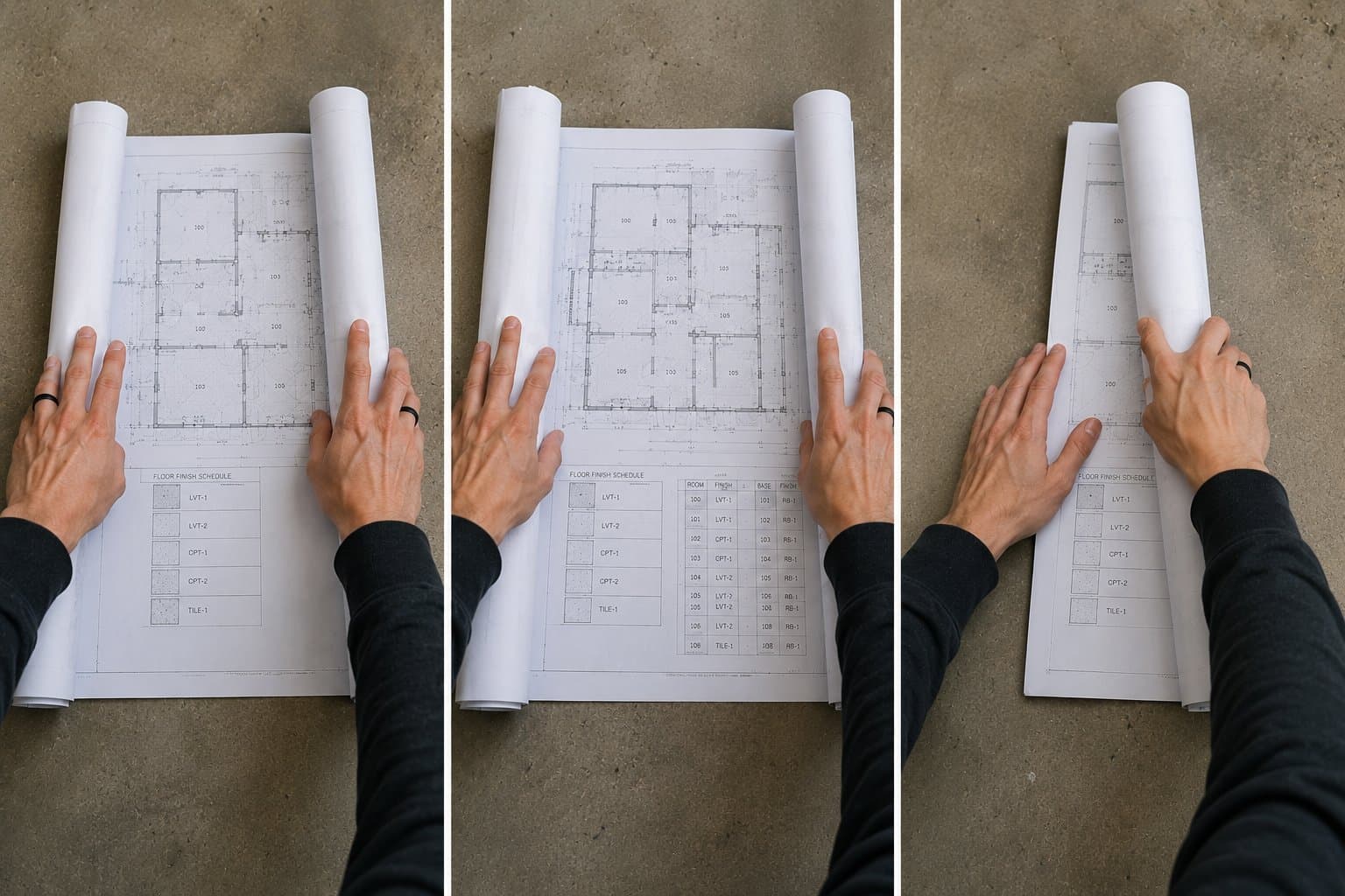 Top-down close-up of hands unrolling a flooring finish schedule (architectural plan, rooms numbered, LVT / carpet / tile codes labeled), re-rolling, unrolling again. Triptych or motion-blurred single frame. Same plans, same gesture, no progress.